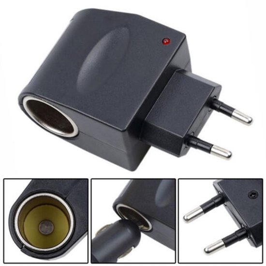 Zwarte AC/DC adapter met EU stekker, sigarettenaansteker poort en rood controlelampje.