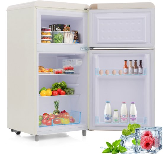Retro koelkast 72L met vriesvak 21L, dubbele deur, verstelbare planken, energieklasse E, 39 dB, LED-licht