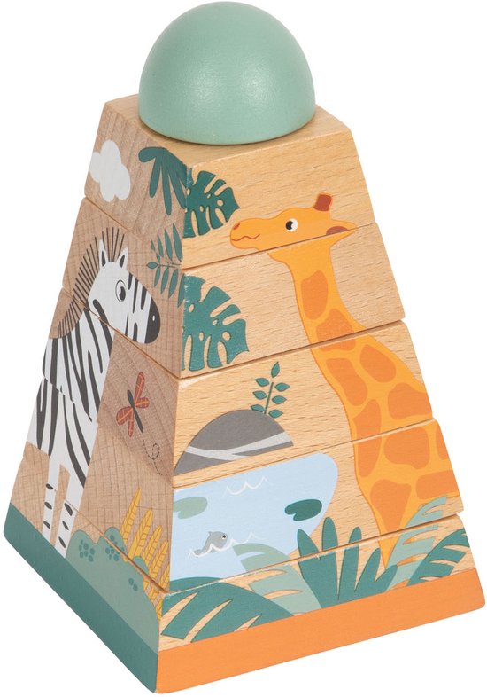 Houten stapeltoren met jungle dieren zoals een zebra en een giraf, bekroond met een mintgroene halve bol.