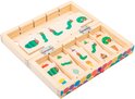 De Rupsje Nooitgenoeg Afbeeldingen Sorteerbox opengeklapt met sorteerplaten en afbeeldingen van rupsen en voedsel.