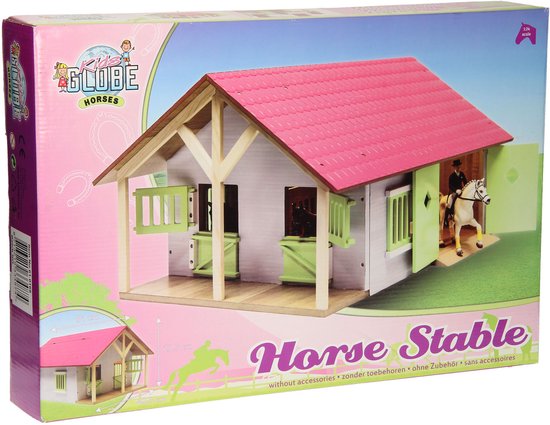 Verpakking van Kids GLOBE paardenstal met roze dak, limegroene deuren. Illustratie van ruiter en paard.