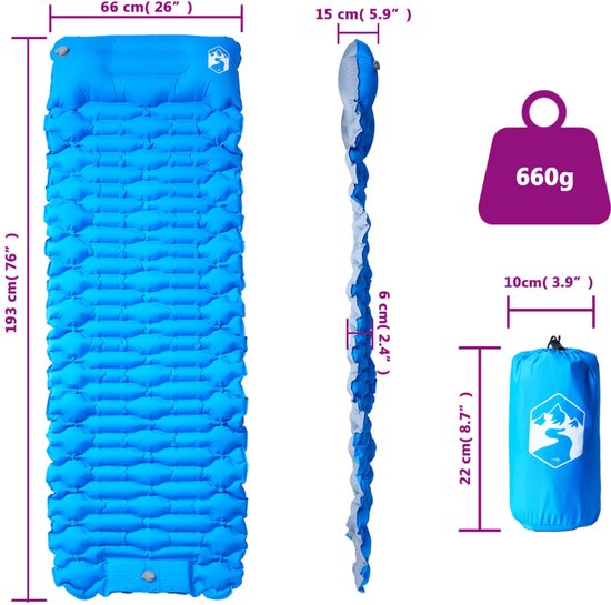vidaXL - Kampeermatras - met - kussen - zelfopblazend - 1-persoons - blauw van Merkloos — afbeelding 5