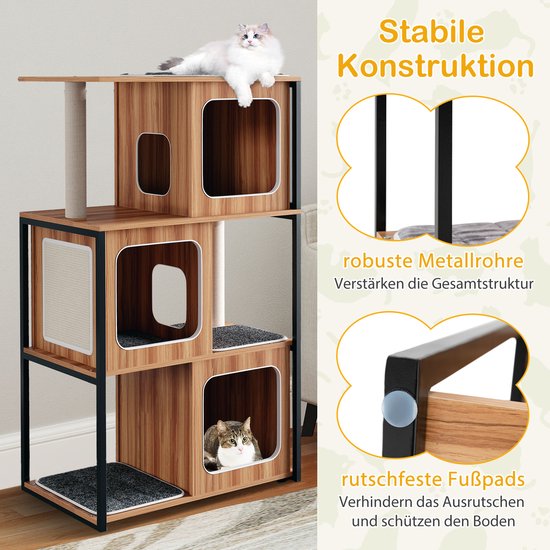 Kattenboom met een stabiele constructie, robuuste metalen buizen en antislip voetjes, met een kat op het bovenste platform.