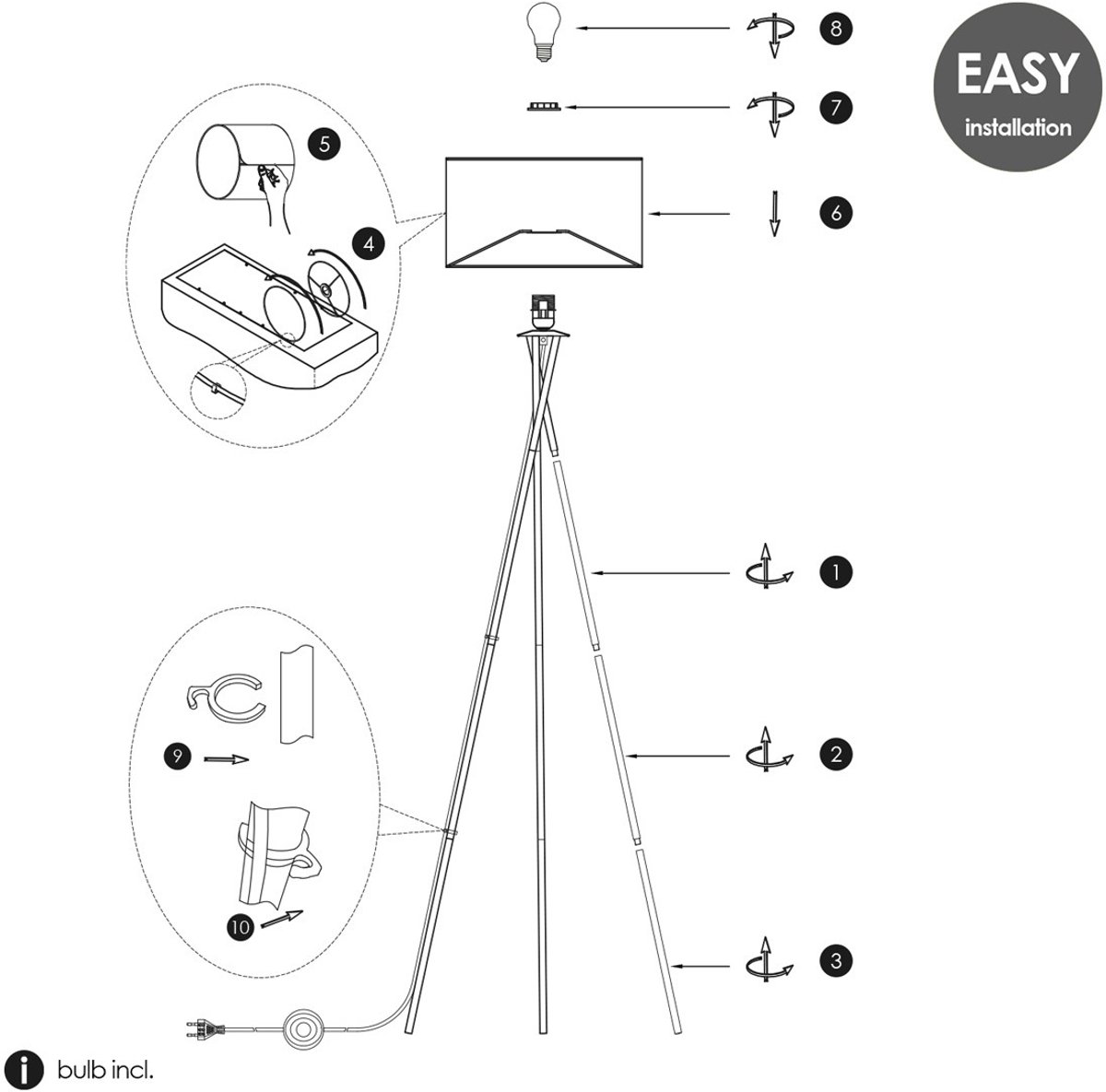Home Sweet Home - Zwarte Moderne Vloerlamp - 138 cm - met Voetschakelaar - Inclusief LED E27 Lichtbron - voor Woonkamer en Slaapkamer thumbnail 5