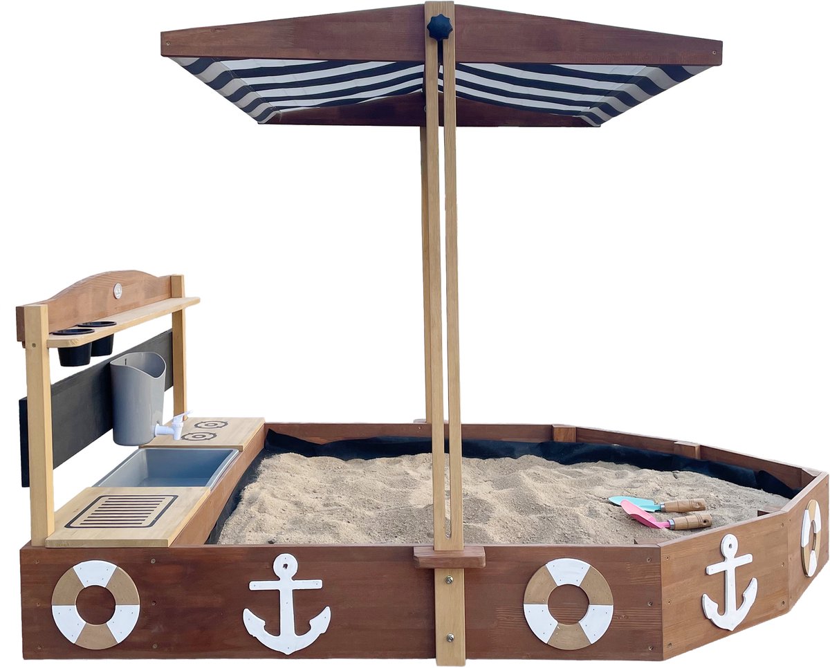 AXI Dora Boot zandbak met speelkeuken en dak (UV50) 160 x 100 cm Antraciet/bruin – Met krijtbord en opbergruimte - Inclusief gronddoek - 10 jaar garantie! — afbeelding 15