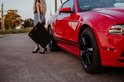 Femme en jean et escarpins tenant un tapis de voiture noir à côté d'une voiture rouge.