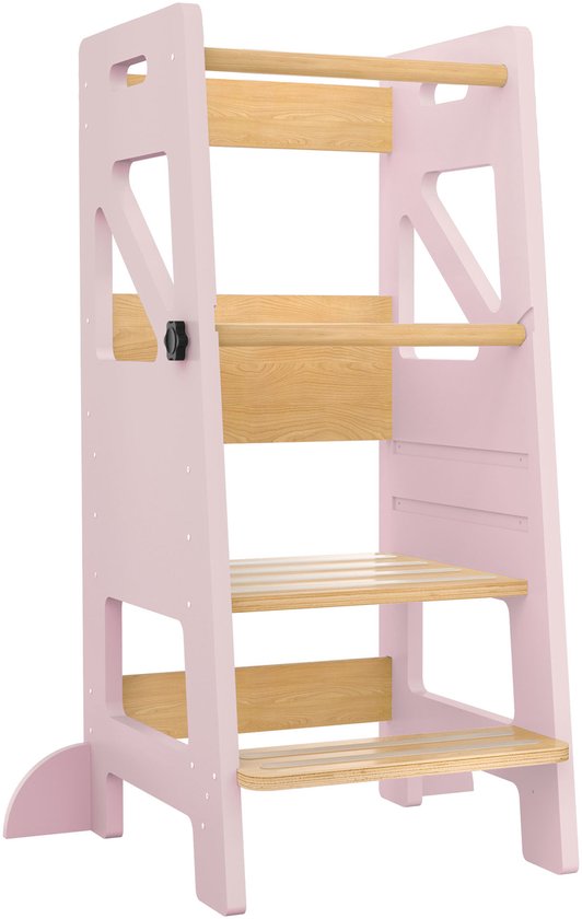 COSYLAND Montessori Leertoren voor Kinderen van 18 Maanden tot 6 Jaar – Verstelbare Opstapkruk voor Keuken – 3-Traps Houten Kinder Leertoren – Houtkleur/ Marineblauw