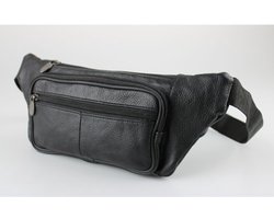 Platte Heuptas Leer Zwart - Leren Heuptas Plat - Reizen / Festival Tas - Heuptasje Heren / Dames - 4 Vakken - Veilig & Plat Design