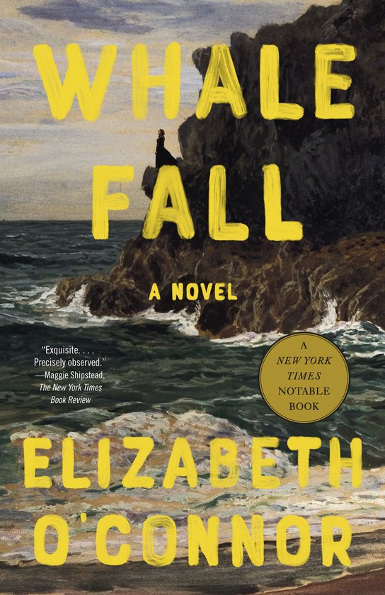 Boekcover van 'Whale Fall'. Tekst: WHALE FALL, A NOVEL, ELIZABETH O'CONNOR. Een man op een rots bij de zee.