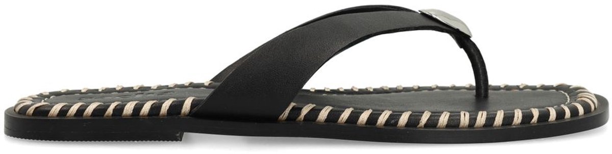Sacha - Dames - Zwarte leren slippers met zilverkleurig detail - Maat 37
