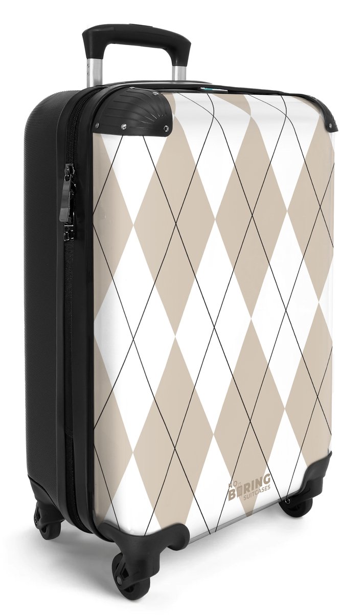 NoBoringSuitcases.com® - Handbagage koffer lichtgewicht - Reiskoffer trolley voor reizen - Beige met wit geruit patroon - Cabine rolkoffer met wieltjes - Travel luggage - Hardcase valies klein - Past binnen 55x40x20 en 55x35x25