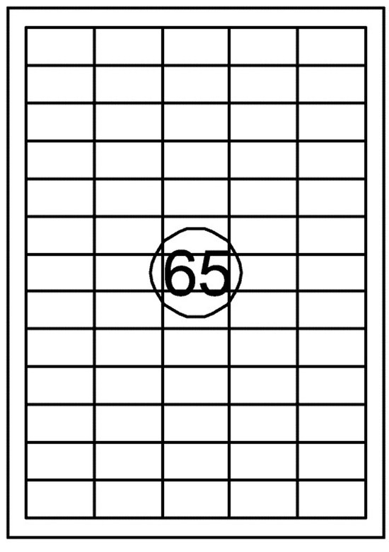 Een vel met 65 etiketten, het getal 65 staat in een cirkel in het midden.