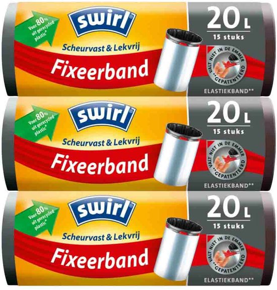 Swirl® Pedaalemmerzakken met elastische fixeerband 20ltr - ♻️ 80 % gerecycled materiaal - 3 rollen van 15 stuks