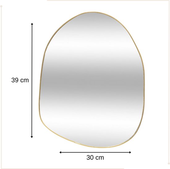 Gouden spiegel in organische vorm, 39cm hoog en 30cm breed.