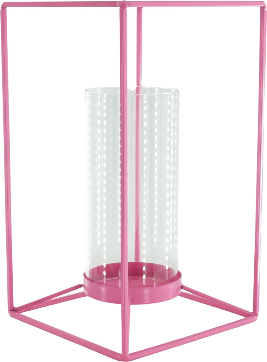 Housevitamin Kaarshouder- Windlicht - Metaal/Glas - Fluor Roze - 12,5x12,5x20cm