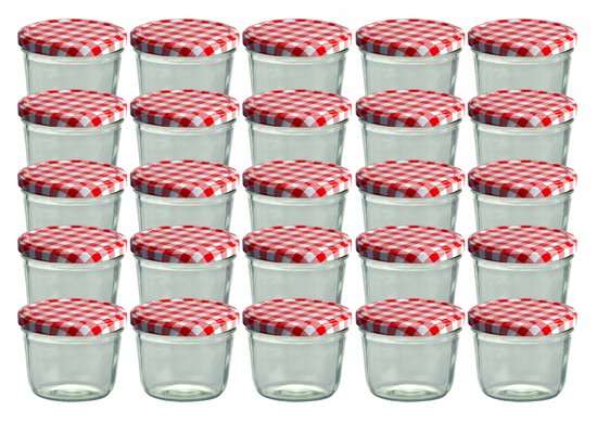 Set van 25 bekers 230 ml jampot inmaakpot Inmaakpot Naar 82 rood geruit deksel incl. Diamant-Zucker Gelierzauber receptenboekje
