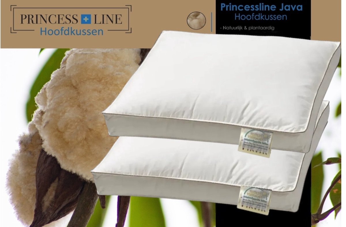 Princess Line Kapok Boxmodel Hoofdkussen - Set van 2 - 60x50x10 cm - 100% Natuurlijk - Perkal Katoen - Javaanse Kapokvulling