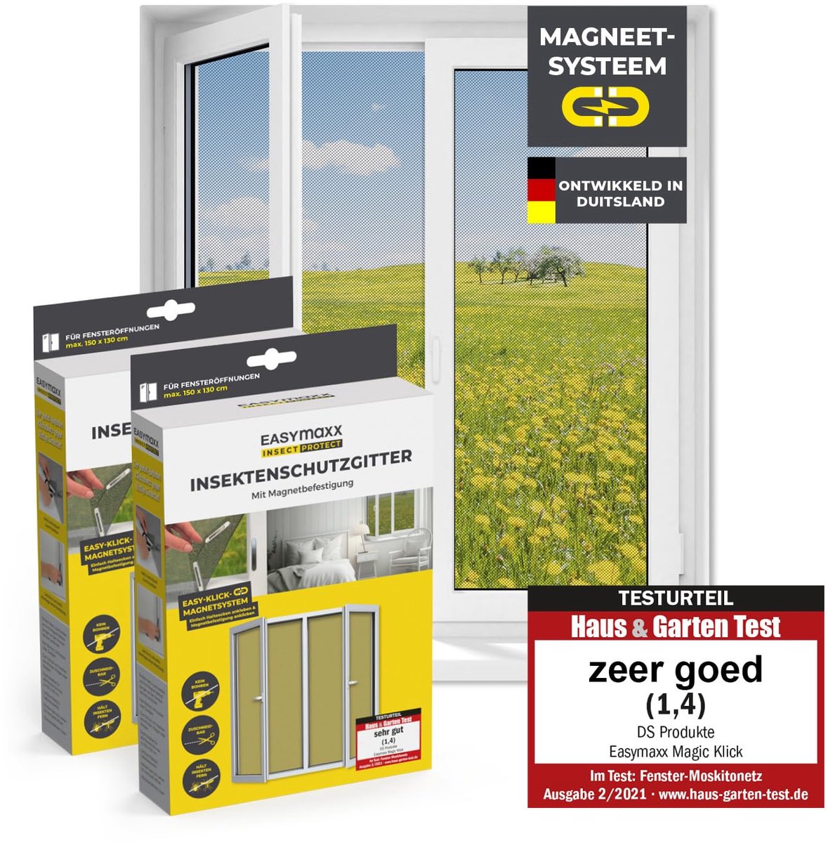 Vliegenhor voor ramen met Magic Click | Muggengaas kan op maat geknipt worden voor alle ramen tot 150 x 130 cm | Eenvoudige installatie met 12 magneten - niet boren of schroeven [2 Stuk]