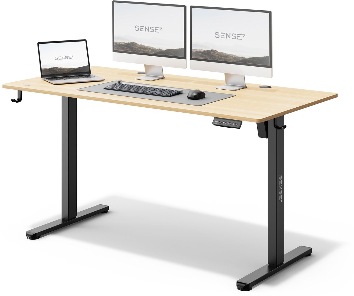 SENSE7 NOJO - Zit Sta Bureau - Elektrisch Verstelbaar - 140 x 70 cm - Computerbureau - Gamingbureau - Elektrische Hoogteverstelling - Geheugenfunctie - Hoofdtelefoonhouder - Kabelopbergsysteem - Zwart / Lichtbruin