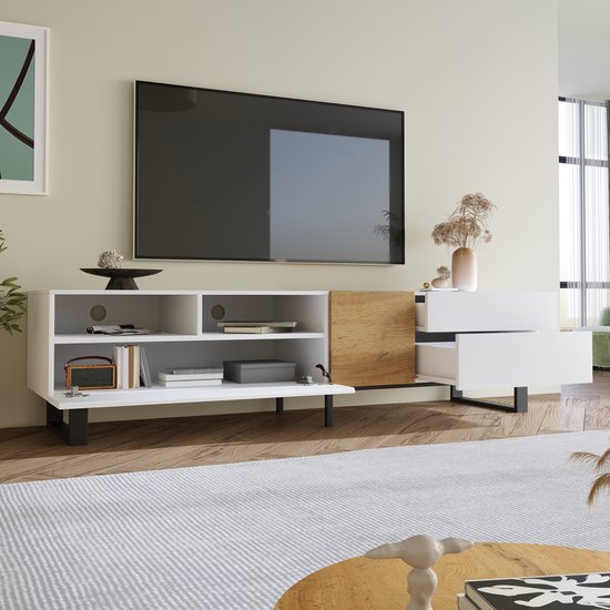 Meuble TV moderne - aspect blanc et bois - 180 x 50 x 38 cm - design minimaliste