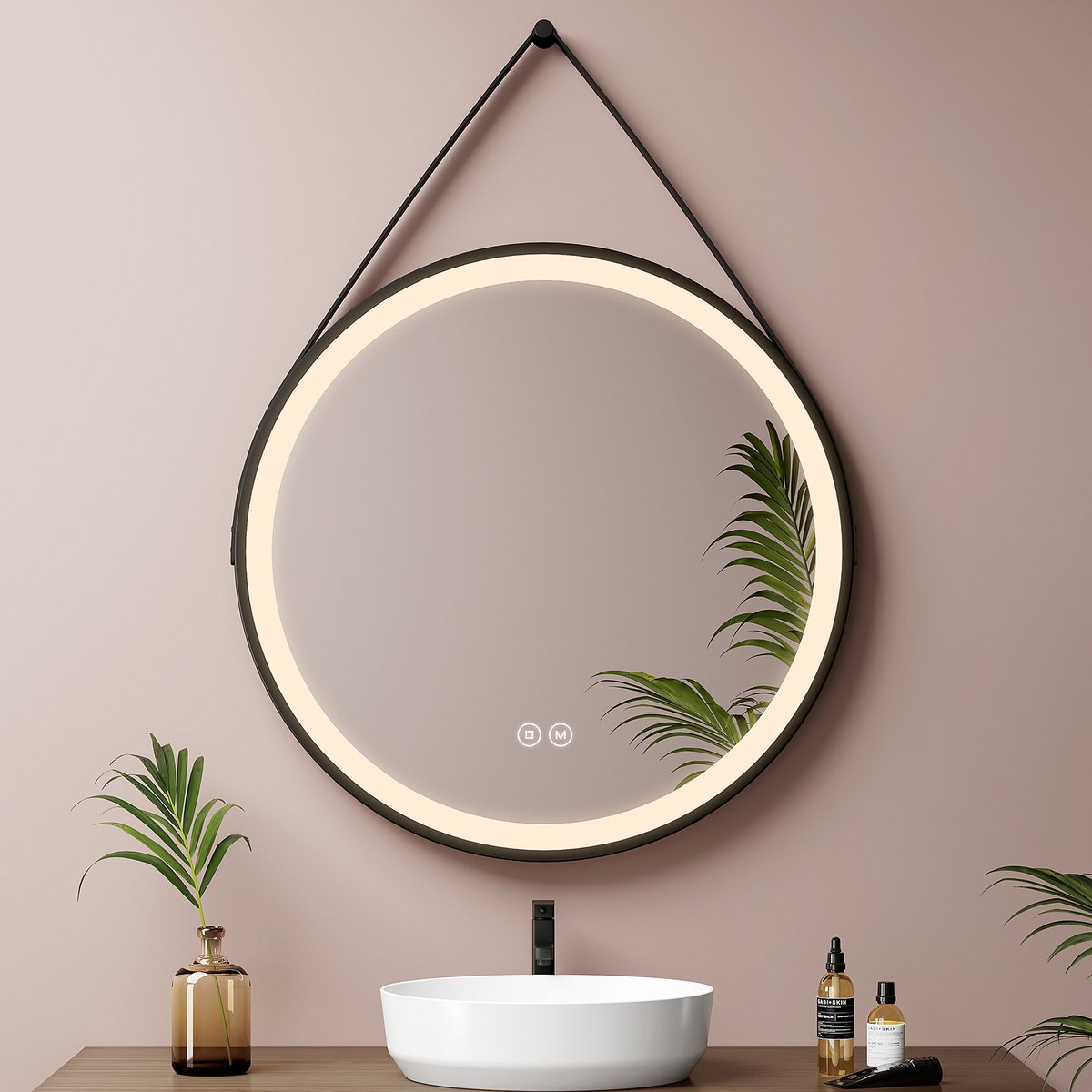 EMKE LED Wandspiegel met Ophangriem - OLM04 - Dimbaare Verlichting met 3 Lichtkleuren - 60CM - IP44 Hangspiegel voor Badkamer Slaapkamer & Hal