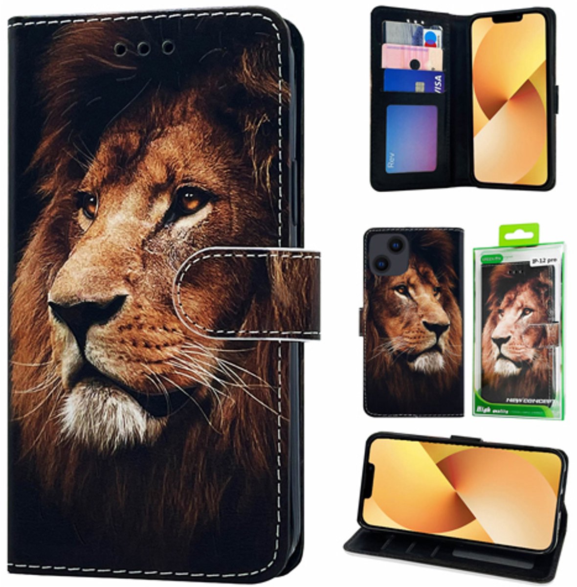 Telefoonhoesje Geschikt voor iPhone 16 - Bookcase - Leeuw Printje - Ruimte voor 3 pasjes