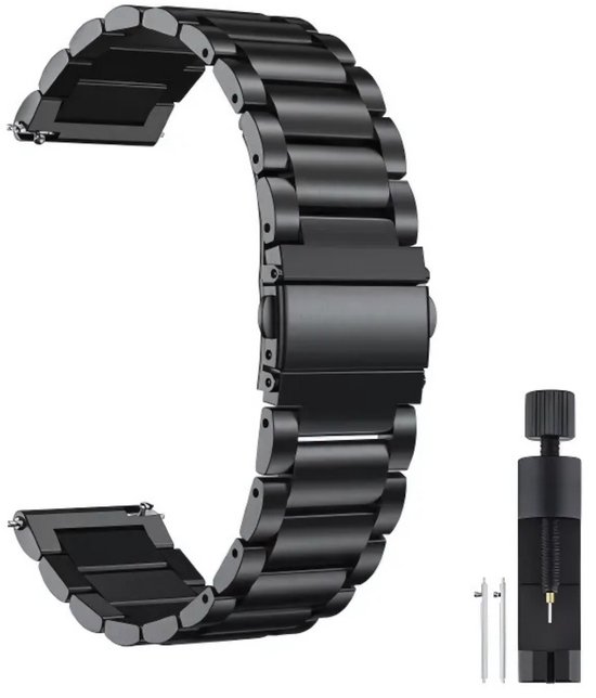 Een glanzend zwart metalen smartwatchband met een gesp.