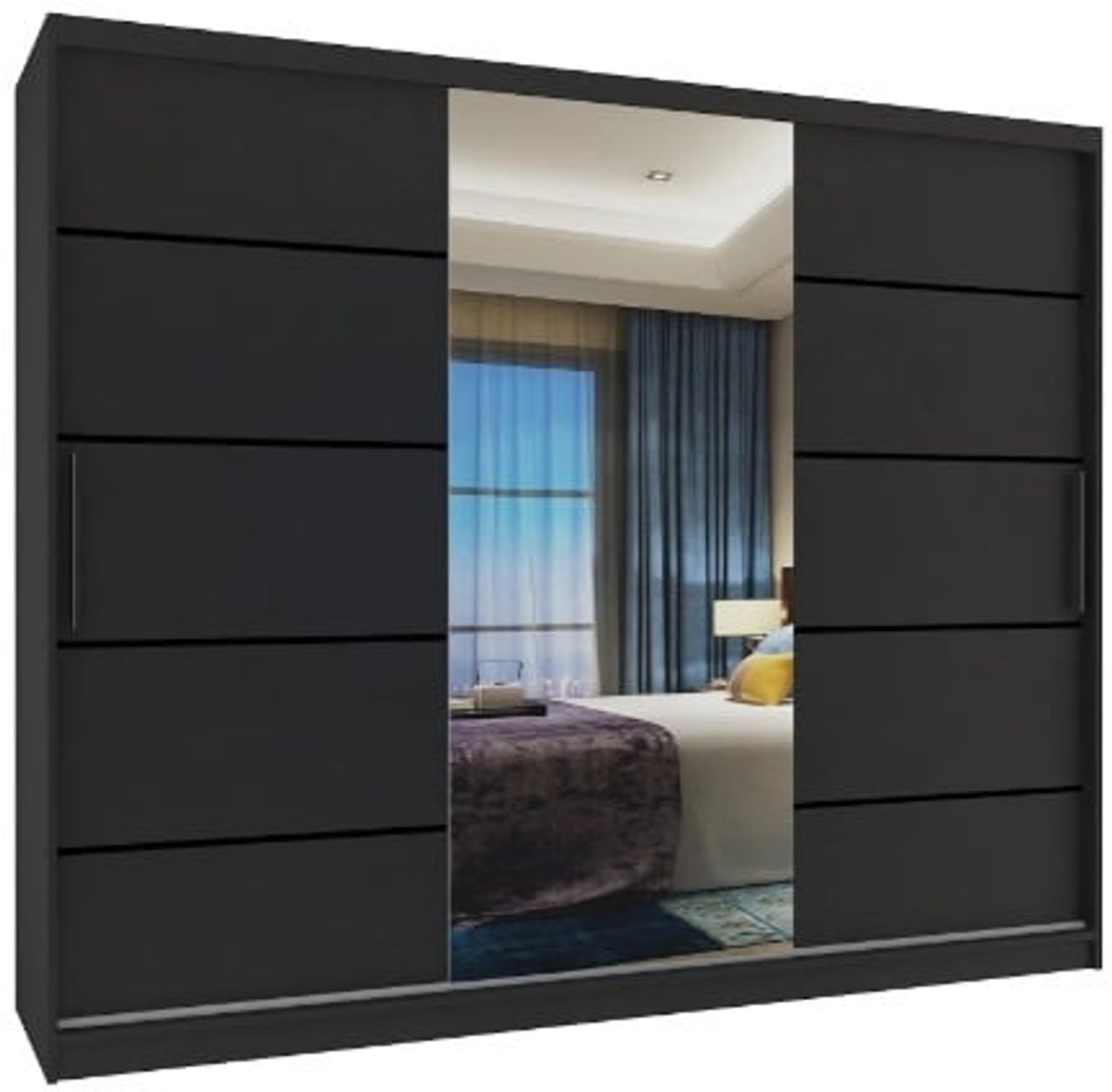 Kledingkast 235 cm met spiegel en lades Zwart schuifdeuren