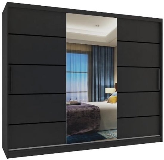 Kledingkast 235 cm met spiegel en lades Zwart schuifdeuren