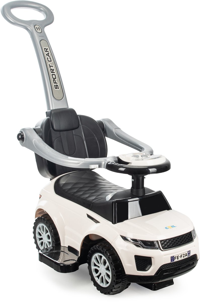 COIL Loopauto voor kinderen, Kinderauto, auto met claxon en muziek, opbergruimte onder de stoel, lichte loopauto met duwbeugel, 3in1, tot 27 kg, vanaf 12 maanden, wit