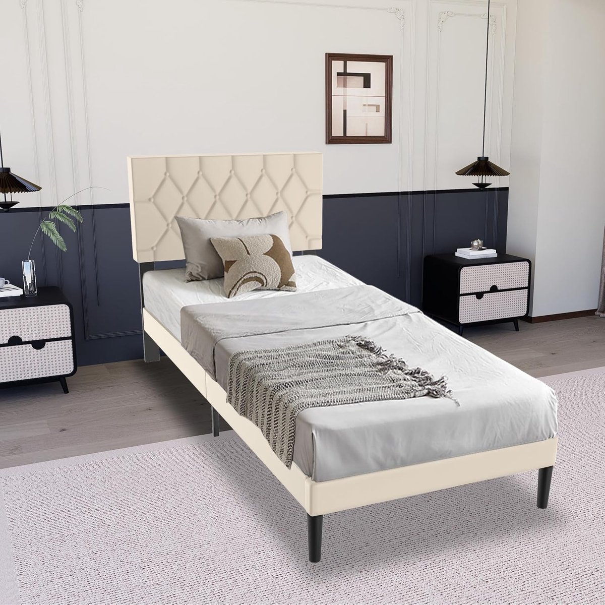Aufun Beige 90×200 cm Modern Bedframe Met Leren Hoofdeinde, Platformbed Met Houten Lattenbodem, Minimalistisch Tweepersoonsbed, Bedframe Voor Slaapkamer Gastenkamer