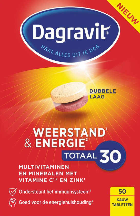 Dagravit Weerstand & Energie multivitaminen en mineralen. Totaal 30 kauwtabletten, dubbele laag. Ondersteunt immuunsysteem en energieniveau.
