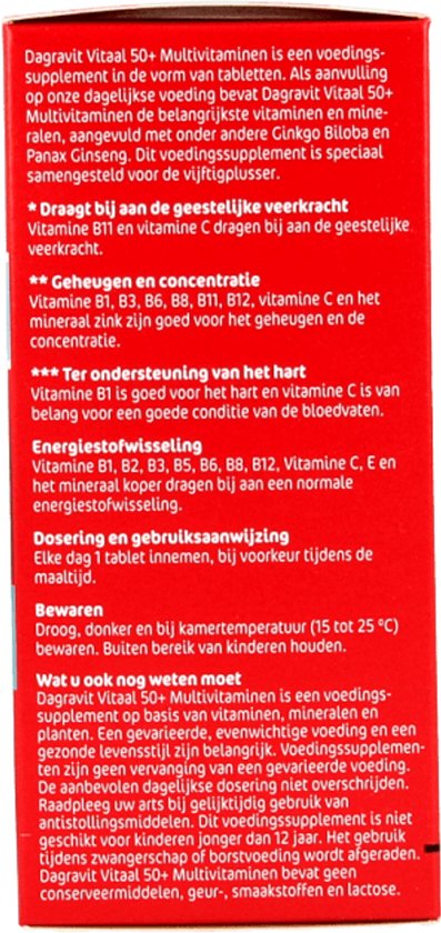 Achterkant verpakking met informatie: Dagravit Vitaal 50+ Multivitaminen.