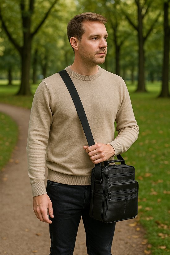 Man met beige trui en zwarte jeans draagt een zwarte leren schoudertas.