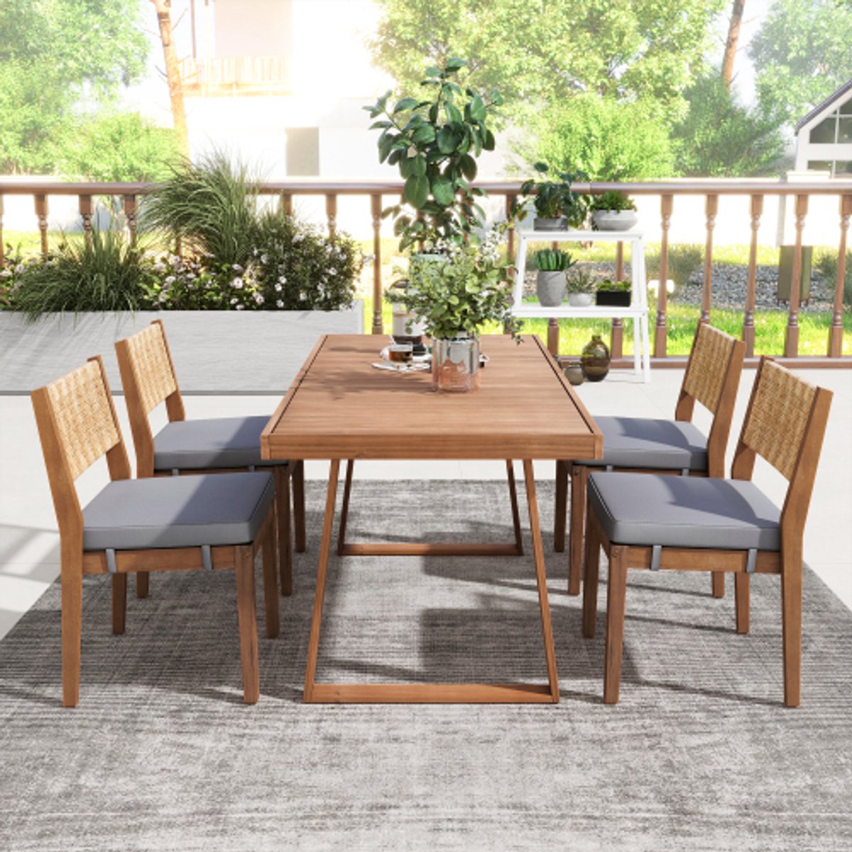5-delige eethoekset voor 4 personen, rugleuning van PE-rotan, tafelblad en stoelen van acaciahout, geschikt voor groepen die in de achtertuin eten of op tuinterrassen