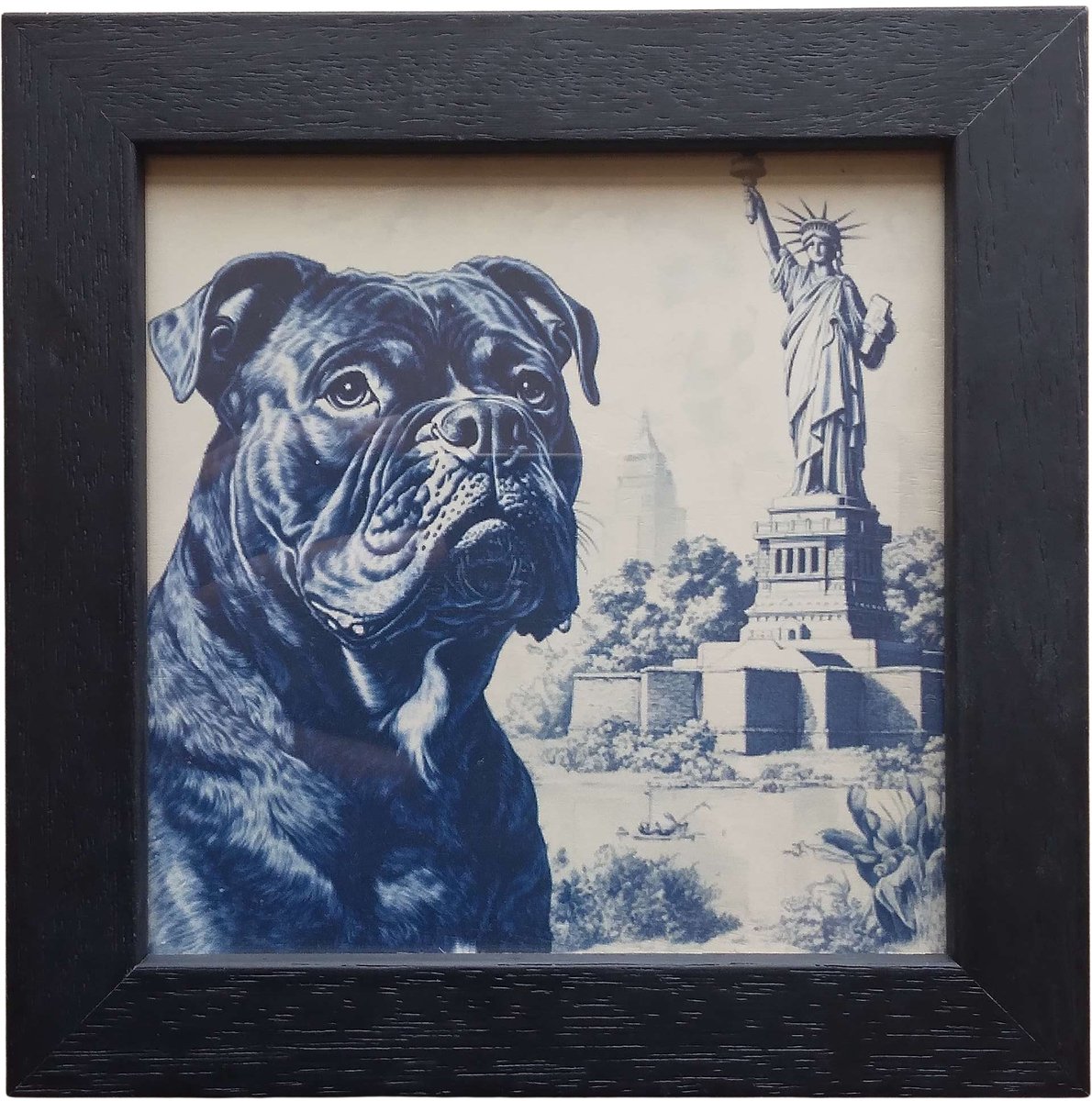 MadDeco Nederlands Fabrikaat Delfts Blauw American Bully Vrijheidsbeeld op omlijste tegel Fries Witje 13 x 13 cm