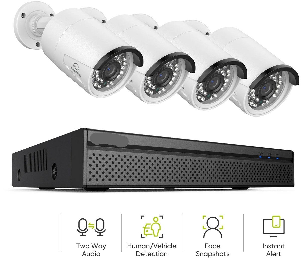 Beveiligingscamerasysteem - 8MP Camera - 8CH NVR - Menselijke - AI-detectie - POE - Openlucht- IP66 Waterdichte - Bewakingscamera - Ultra HD IP Camera’s - Beveiligingscamera - Ultra HD IP Camera’s met Audio en Nachtzicht - 2TB HDD - 4 Stuks - Wit