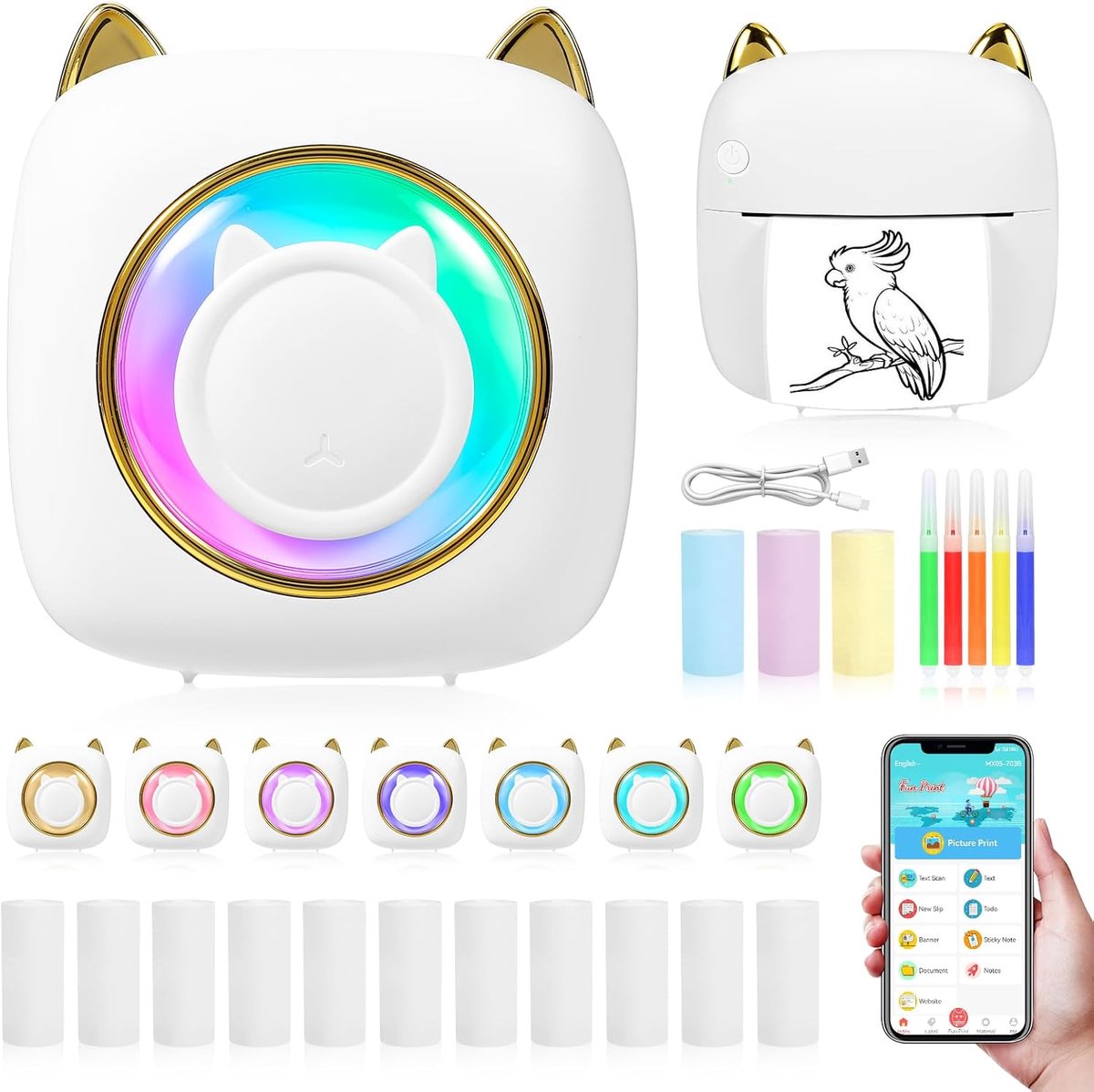 Draagbare thermische mini-printer met 10 rollen printpapier voor Android en iOS - Inktloze printer voor thuis en op kantoor