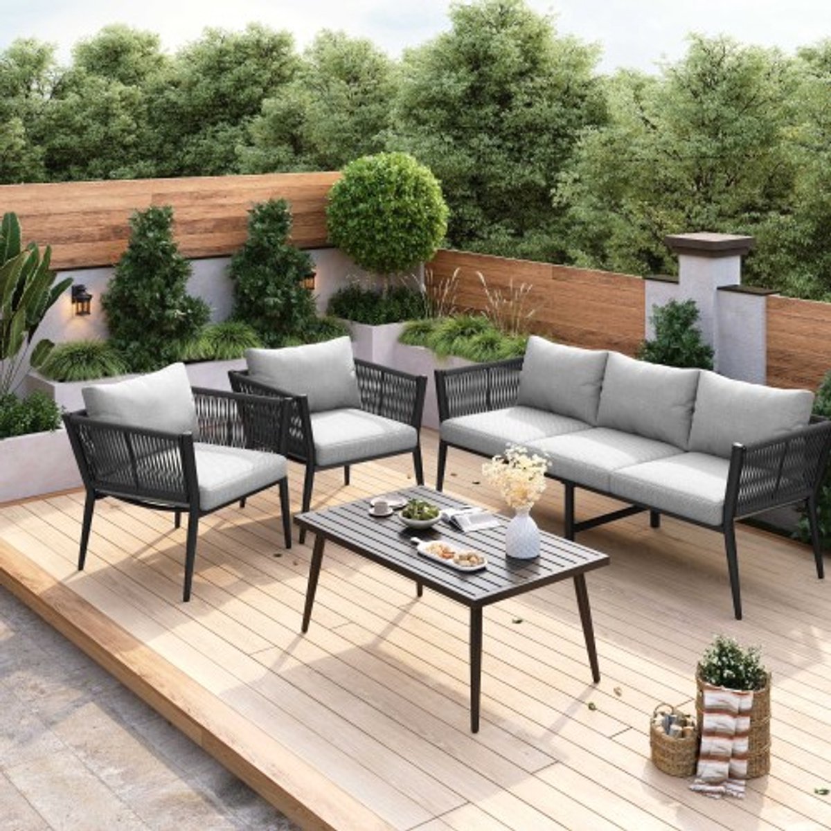 Tuinloungeset, tuinmeubelset met comfortabele kussens, 3-zitsbank, 2 fauteuils en salontafel, buiten, gegalvaniseerd staal, armleuningen van gevlochten touw, met antislip pads, grijs