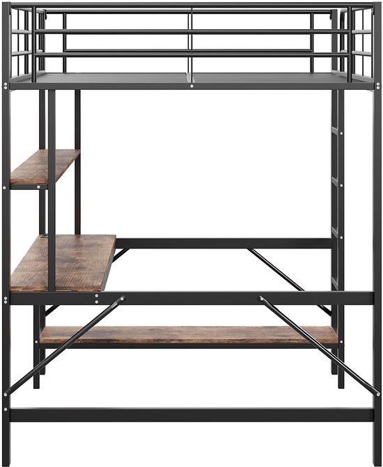 Lit mezzanine - 140x200 cm - escabeau - avec USB et prise - avec éclairage LED- bureau - sans matelas - noir