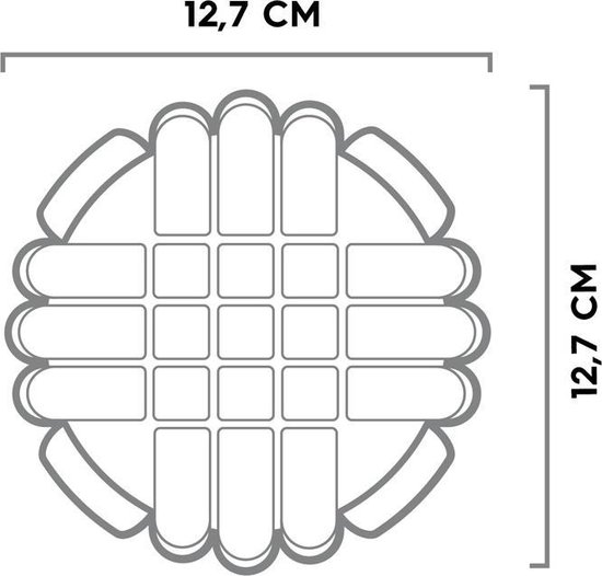 Schema van de bal met afmetingen van 12,7 x 12,7 cm.