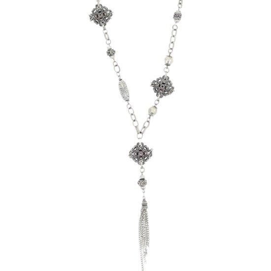 Behave – Collier vintage couleur argent antique – 67 cm avec pendentif et perles