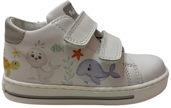 Falcotto - Mir - Mt 25 - Baskets en cuir velcro - Animaux marins - Blanc