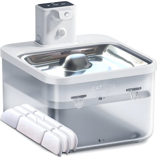 CatElite® - Draadloze Drinkfontein Kat RVS - Waterdispenser met Sensor & Accu - Incl. 3 Filters - 2.5L Waterfontein Kat - Kattenfontein - Fluisterstil - Wit