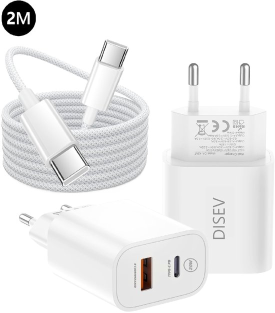 DISEV® - USB C Adapter oplader USB stekker - Super Snellader - Snellader - Power adapter - 2m USB-C kabel - geschikt voor: Samsung - Geschikt voor Iphone - Geschikt voor diverse toestellen