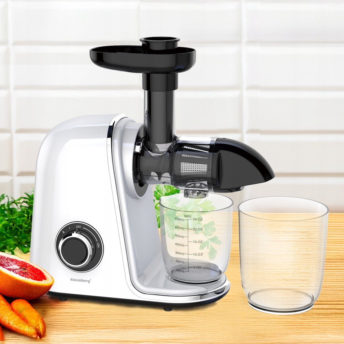 Klausberg Slow Juicer – 150W - 700ml | Cold Press | Groenten en Fruitpers – Met Pulpreservoir | Wit | Stille Horizontale Juicer met 7-Traps Perssysteem thumbnail 4