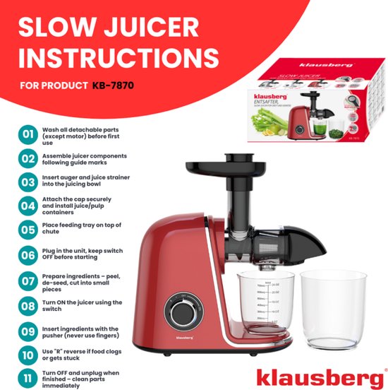 Klausberg Slowjuicer - 150W - 700ml - Groenten en Fruitpers - Met Pulpreservoir - Kersenrood - Juice Maker - Juicer met 7-Traps Perssysteem van Klausberg — afbeelding 3