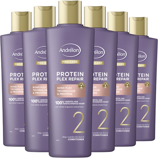 Zes paarse flessen Andrélon Pro-Care Conditioner met gouden dop, met tekst 'Protein Plex Repair'.