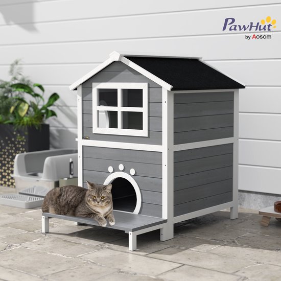 PawHut Outdoor-Katzenhaus mit wetterfestem Dach, Fenster, Balkon, herausnehmbarem Boden, 2 Ebenen, für 1-2 Katzen, Braun