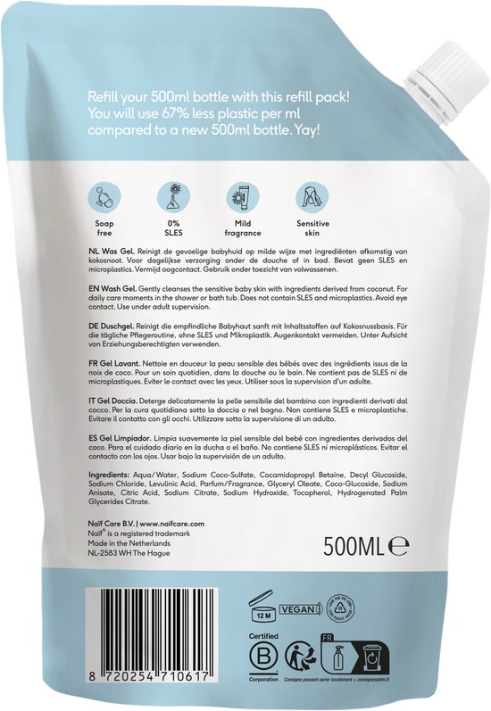 Naïf - Reinigende Wasgel - Navulverpakking - Baby's & Kinderen - met Natuurlijke Ingrediënten - 500ml van Naïf — afbeelding 2